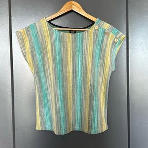 Gray yellow and teal stripped blouse w button accents. W5 small
